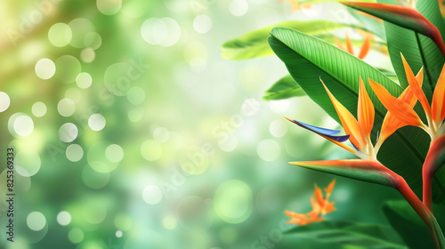 Green Tropical Background with Strelitzia Flowers