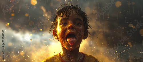 A Childs Pure Joy in Capturing Raindrops on Their Tongue Under a Soft CloudCovered Sky photo