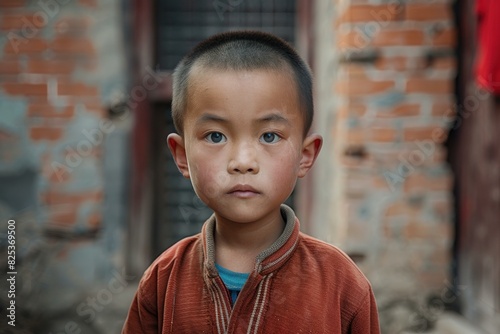 Closeup shot of a young boy with a poignant expression, standing in a rustic setting