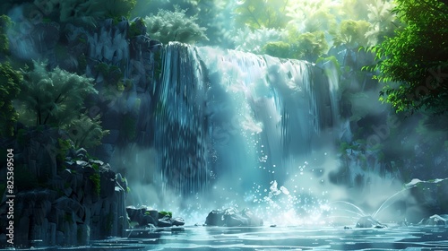 A scene of a waterfall  with a background of water particles and mist
