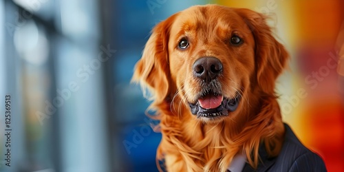 Golden retriever dog in business suit in studio against plain wall. Concept Pets, Studio Photography, Business Attire, Golden Retriever, Plain Background