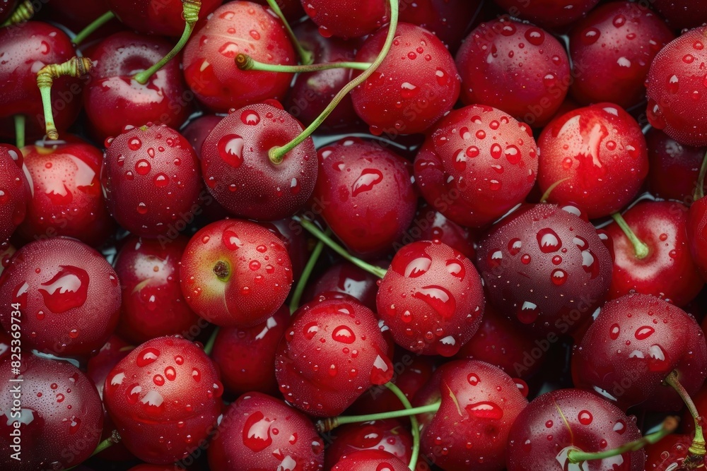 Closeup of vibrant, fresh, ripe cherries with water droplets on them, creating a dewy texture, perfect for backgrounds in food photography or culinarythemed designs Closeup of vibrant, fresh, ripe cherries with water droplets on them, creating a dewy texture, perfect for backgrounds in food photography or culinarythemed designs