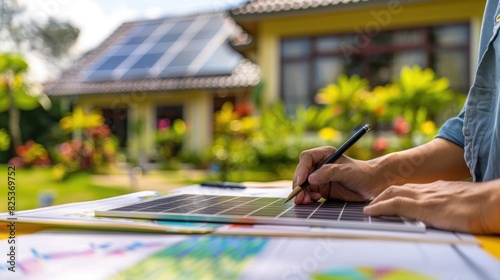 close up hand of real estate agent with pen and color palette paper working on house plan in front view at home garden background, solar panel for green energy concept.