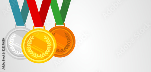 Gold, bronze and silver medals. Sports trophy, championship - banner, vector illustration background with empty space