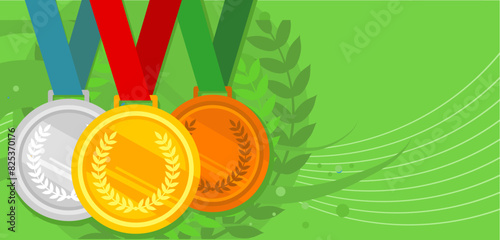 Gold, bronze and silver medals. Sports trophy, championship - banner, vector illustration background with empty space