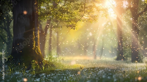 A serene forest glade at dawn  with a defocused background filled with tiny  shimmering particles -