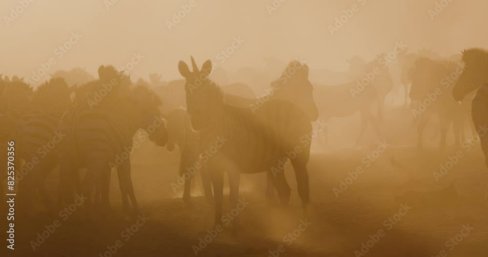 Herd of Burchell's zebras standing near a drying up river creating a dusty sunset. Drought, Climate Change, Climate Emergency