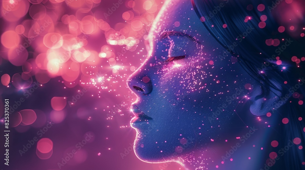 A serene depiction of a woman's face illuminated by vibrant, sparkling lights, evoking a sense of magic, beauty, and tranquility. A serene depiction of a woman's face illuminated by vibrant, sparkling lights, evoking a sense of magic, beauty, and tranquility.
