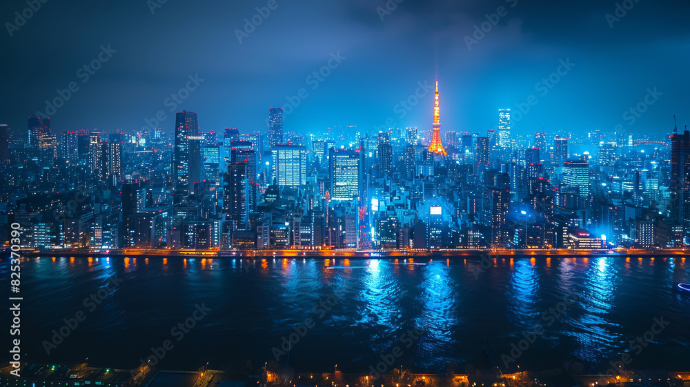 Fototapeta premium A wide view of the city with many tall buildings at night with spotlights shining on the buildings generative ai