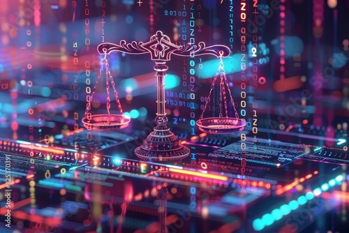 Futuristic digital justice concept with AI and technology symbols representing cybersecurity, law, and ethics in a colorful, glowing environment.