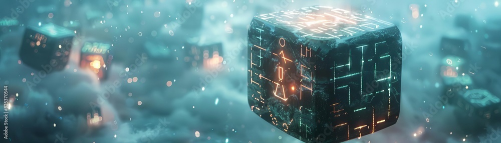 Futuristic floating technology cubes with glowing patterns in a cloudy ...