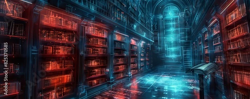 Futuristic library with glowing neon blue and red lights, featuring bookshelves and a digital reading desk in a sci-fi atmosphere. photo