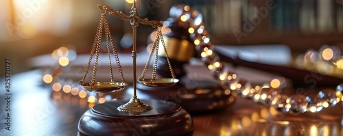 Golden scales of justice on a wooden desk with a blurred background, signifying fairness, balance, and the legal system.
