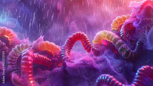 Gummy worms wriggling in a storm of chocolate rain, scifi, neon tones, mixed media photo