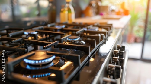 close up of modern stainless steel gas stove in kitchen, blurred background,