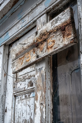 A weathered wooden shop sign hangs crookedly above a doorway, its chipped paint revealing layers of history beneath. © Armir