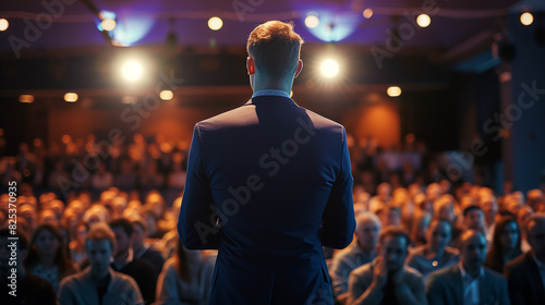 a man in a suit standing in front of a crowd