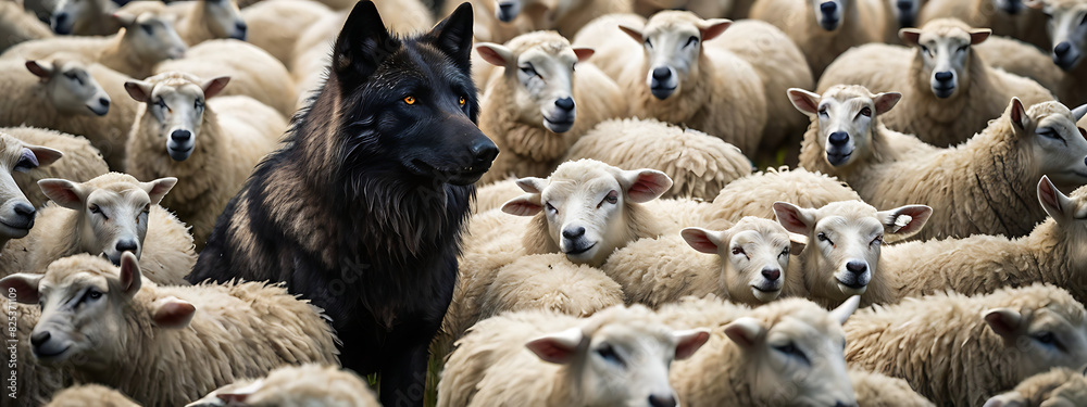 Obraz premium A black wolf among a flock of white sheep, raising head, Concept of standing out from the crowd, own identity, concept image 