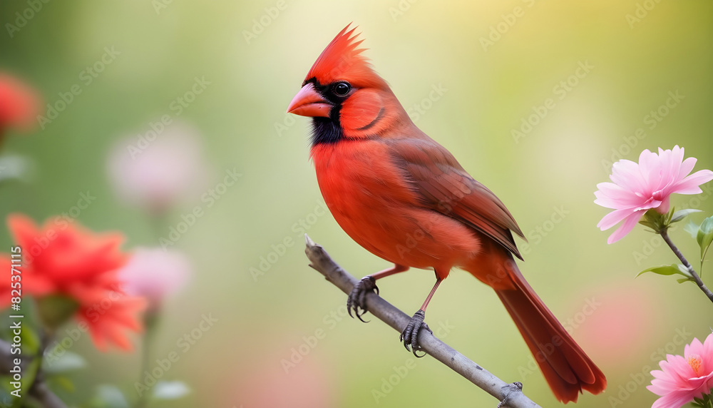 Close-up Northern Cardinal perching on branch,Bird Photography