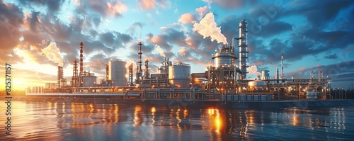 Industrial refinery plant on water at sunset with dramatic sky  featuring detailed infrastructure and complex structures.