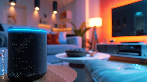 Closeup view of a smart speaker in a living room, highlighting voice control activation, futuristic tone, Complementary Color Scheme