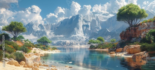 Idyllic landscape with a crystal-clear river, rocky mountains, lush greenery under a blue sky with fluffy clouds.