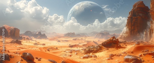 A panoramic view of a desert landscape with orange sand, rock formations under a cloudy sky, and a large planet looming in the background.