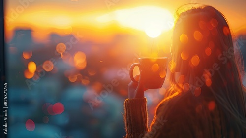 coffee break at sunrise close up, focus on, copy space golden hour glow, double exposure silhouette with a person #825371755