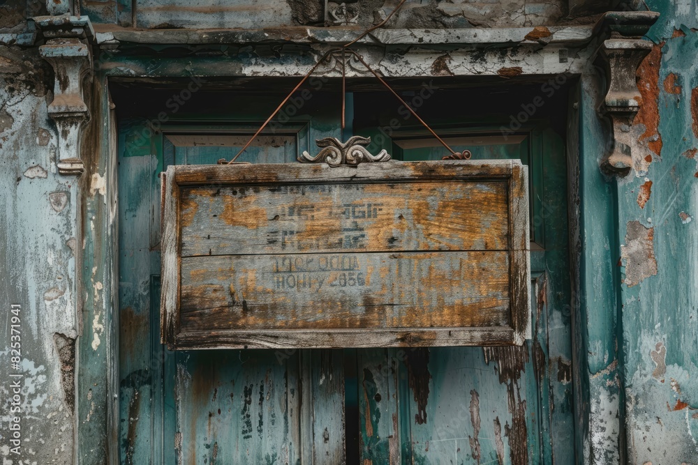 Naklejka premium A weathered wooden shop sign hangs above a doorway, its chipped paint revealing a message underneath in faded lettering.
