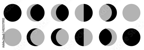 Moon phases. Crescent shape icon set. New lunar cycle. astrology and space. Total eclipse black. Progress changes for calendar design.