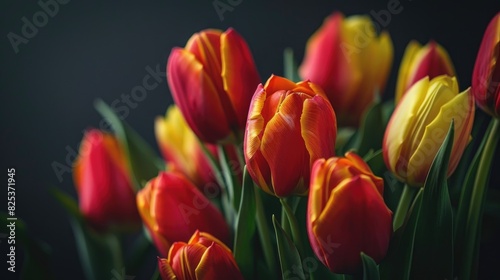 Red and yellow tulips closely gathered on a dark backdrop for a festive bouquet on a spring themed postcard or calendar