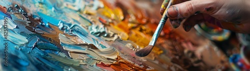 Close-up of a hand using a paintbrush to mix vibrant colors on an artist palette. Creative process of painting in action. photo
