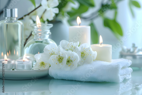 skin care spa aesthetics. White flowers and candles decorate a table