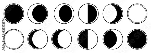 Set of Moon phase, Full lunar cycle. Changes to the calendar, Waxing and warning shape, crescent sign. Astrology or space symbols design.