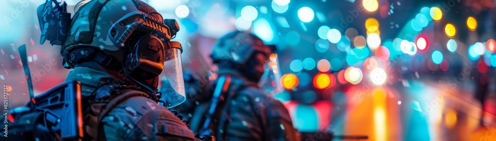 Colorful night scene with futuristic soldiers, armed and prepared for action in an urban environment with bokeh lights. Colorful night scene with futuristic soldiers, armed and prepared for action in an urban environment with bokeh lights.