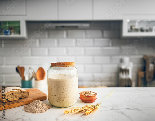 A glass jar with a sourdough starter on a kitchen counter. Generative Ai photo