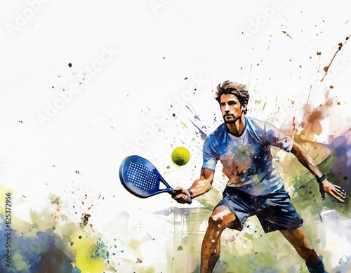 Wallpaper Mural Padel player mid-swing, surrounded by a burst of colorful strokes. White backdrop. Generative Ai Torontodigital.ca