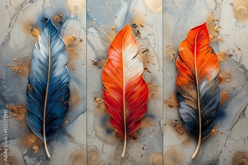 3 panel wall art, marble background with feather designs ,