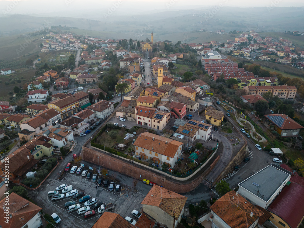 Aerial view of the medieval village of Tavullia.  Province of Pesaro and Urbino, Italy