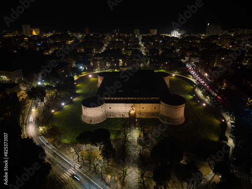 Night aerial view of the historic fortress of Rocca Costanza in Pesaro, Italy photo