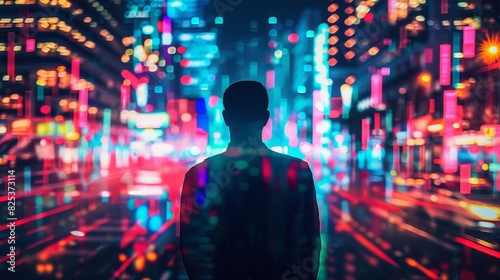 of a creative professional      s silhouette merged with the artsy neon lights of a downtown district  representing creativity in a corporate world  business  vibrant city  lights backg