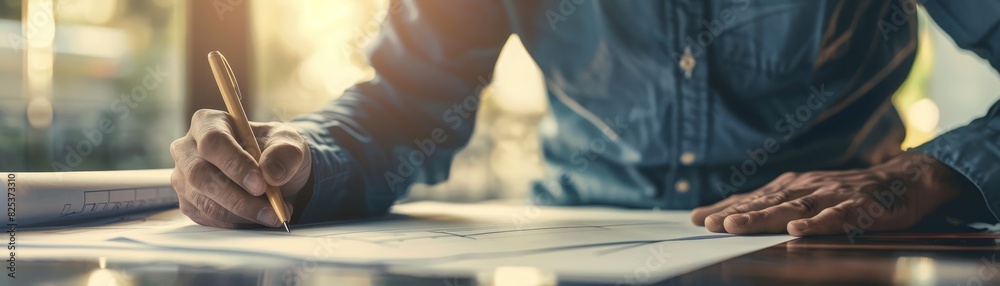 Focused work environment with a professional drawing on a large sheet of paper, emphasizing design, creativity, and attention to detail. Focused work environment with a professional drawing on a large sheet of paper, emphasizing design, creativity, and attention to detail.