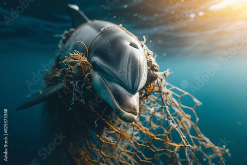 smiling dolphin entangled in fishing net swimming in ocean marine life pollution concept