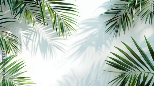 Palm leaf shadows on white wall  Background for product advertisement  Summer tropical travel beach with minimal concept  Banner with copy space  generative ai