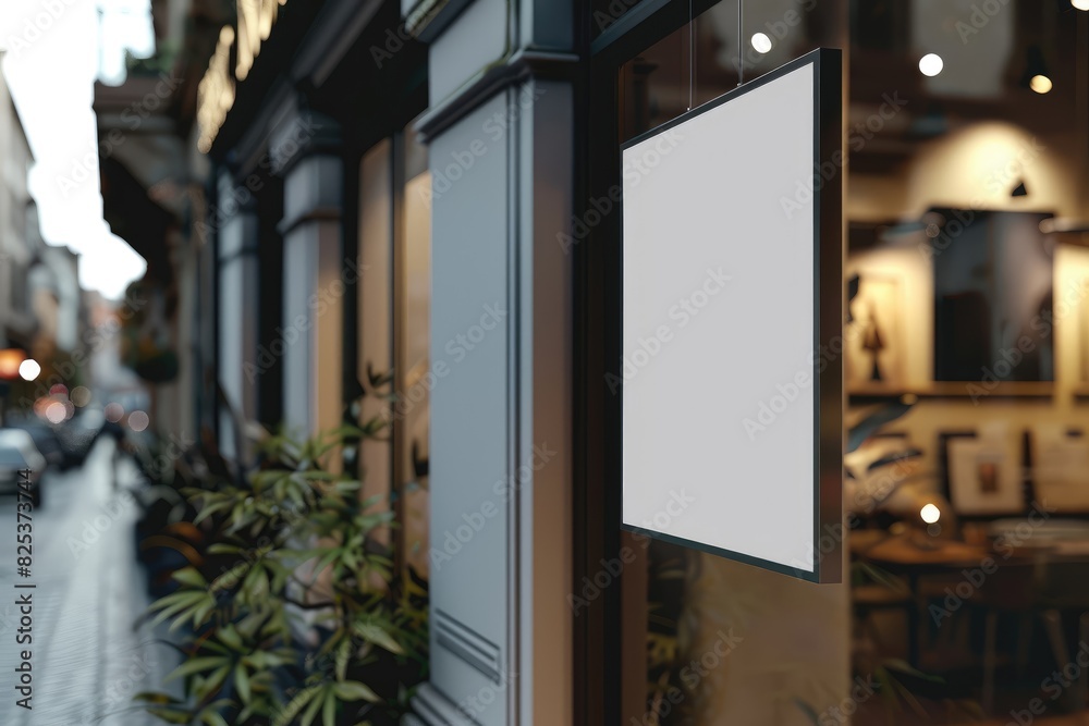 A square shop sign mockup displayed on the side of a building, perfect for showcasing store branding. A square shop sign mockup displayed on the side of a building, perfect for showcasing store branding.