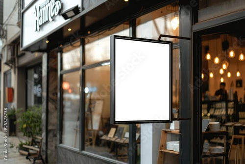 A square shop sign mockup displayed on the side of a building, perfect for showcasing store branding.