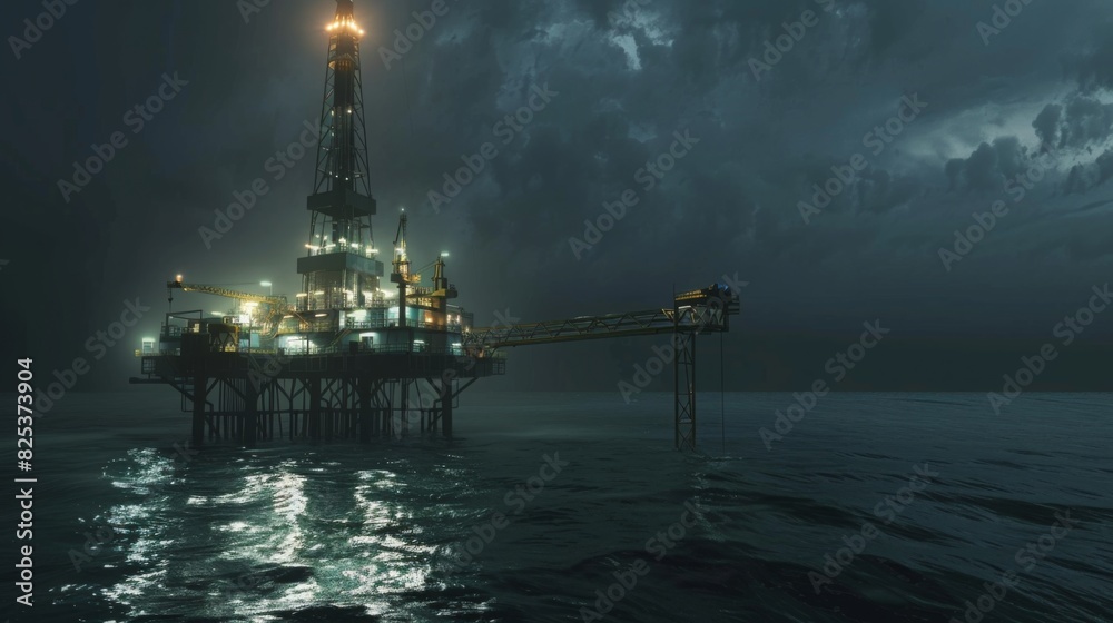An industrial oil rig platform illuminated at night, surrounded by dark ocean waters, with machinery and lights visible on the structure.