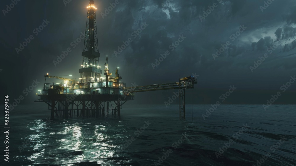 An industrial oil rig platform illuminated at night, surrounded by dark ocean waters, with machinery and lights visible on the structure. An industrial oil rig platform illuminated at night, surrounded by dark ocean waters, with machinery and lights visible on the structure.