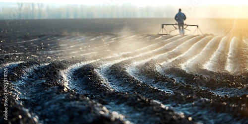 Farmer spreads biochar in field late afternoon sunlight highlights texture. Concept Agriculture  Biochar  Sustainable Farming  Field Management  Soil Health