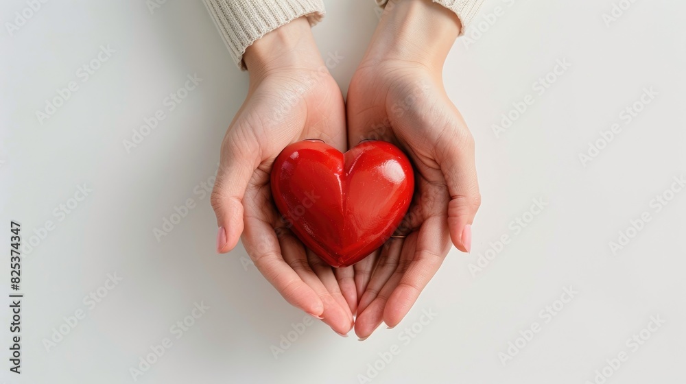 Fototapeta premium Heart held by female hands against white background
